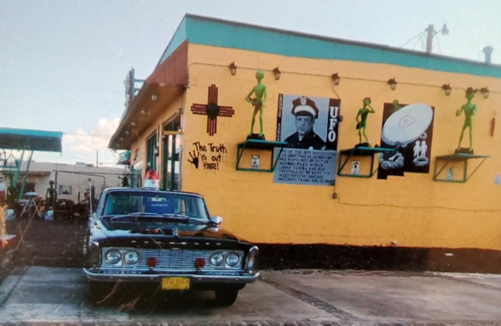 Alien statues and UFO decorations outside San Miguel Pottery Land in Socorro, New Mexico.